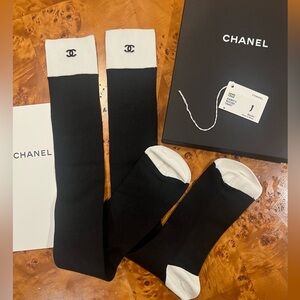 Chanel 25k black & white knee high logo socks